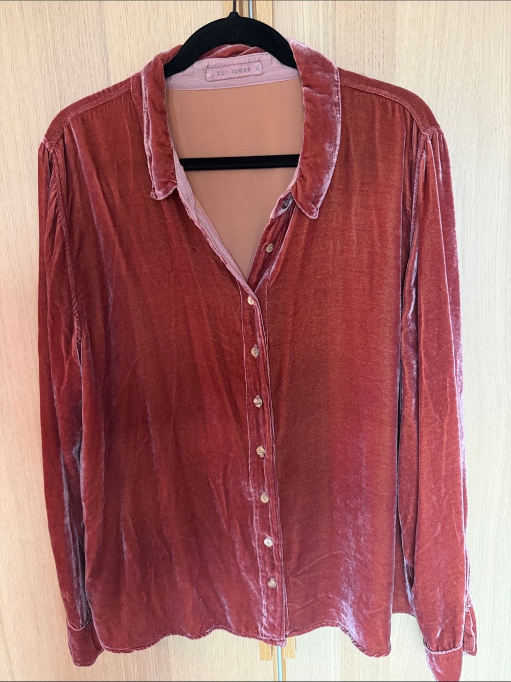 cut loose rust velvet button-down shirt